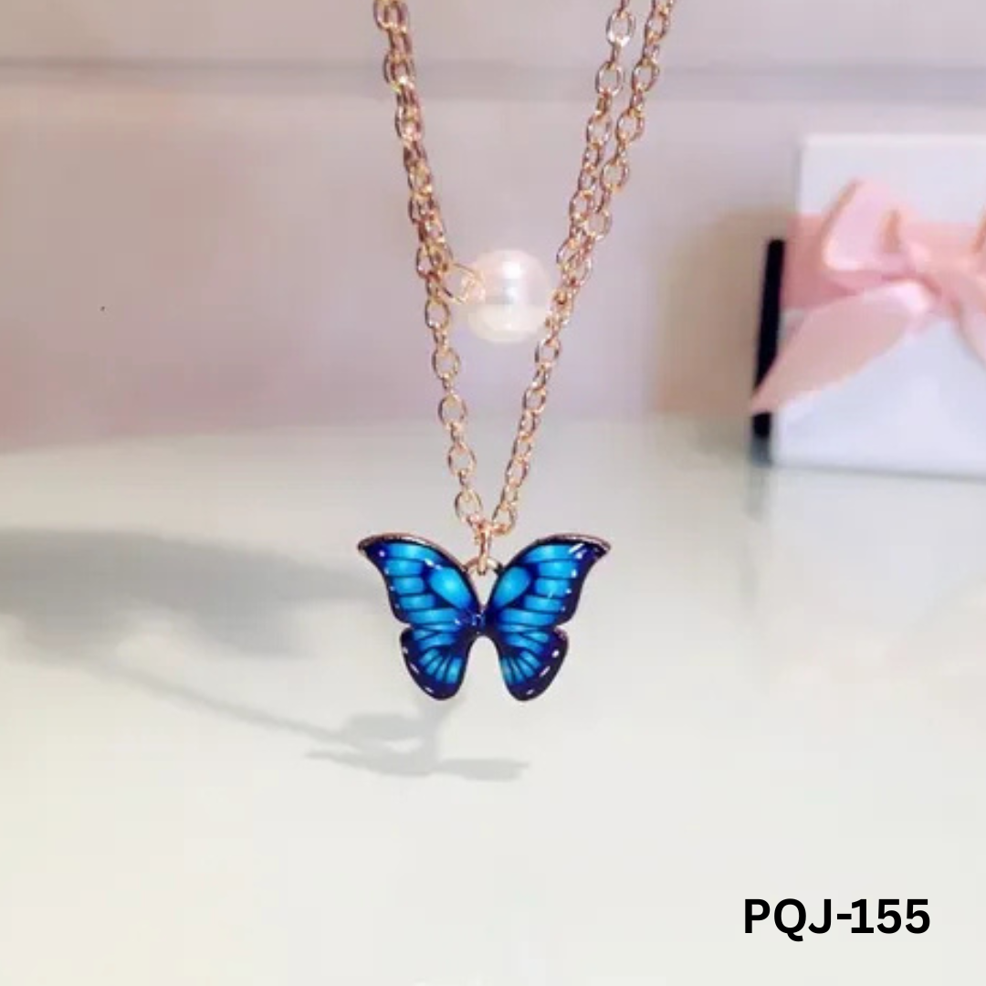 PQJ-155 - Blue Double Layer Butterfly - Necklace - BSM WHOLESALE