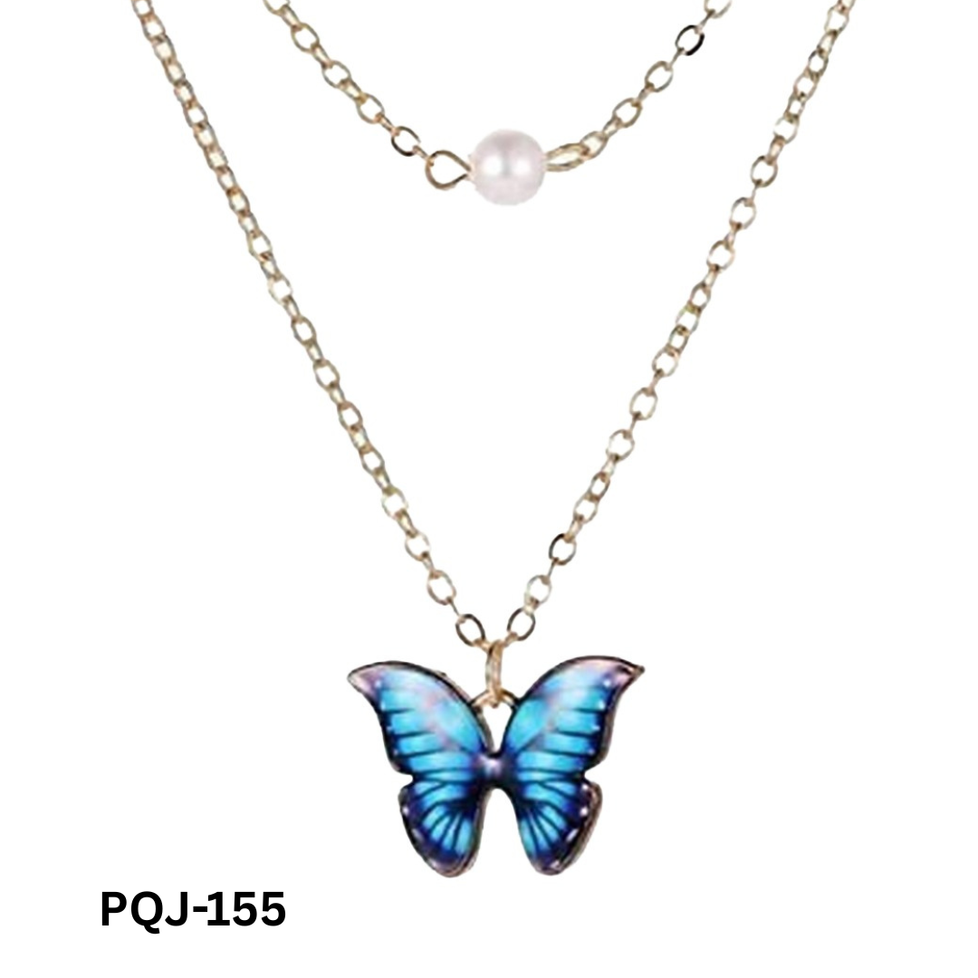 PQJ-155 - Blue Double Layer Butterfly - Necklace - BSM WHOLESALE