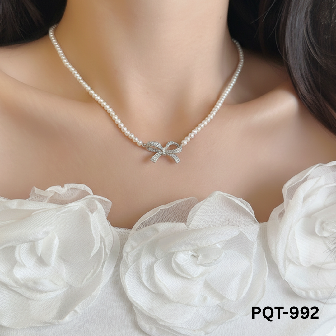 PQT-992 - White Bow Shape - Necklace - BSM WHOLESALE