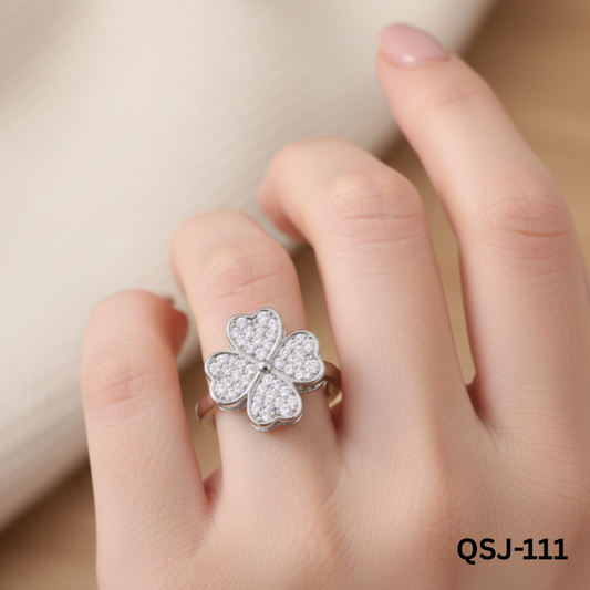 QSJ-111 Silver Clover Zircon Rotating Rings By BSM - BSM WHOLESALE