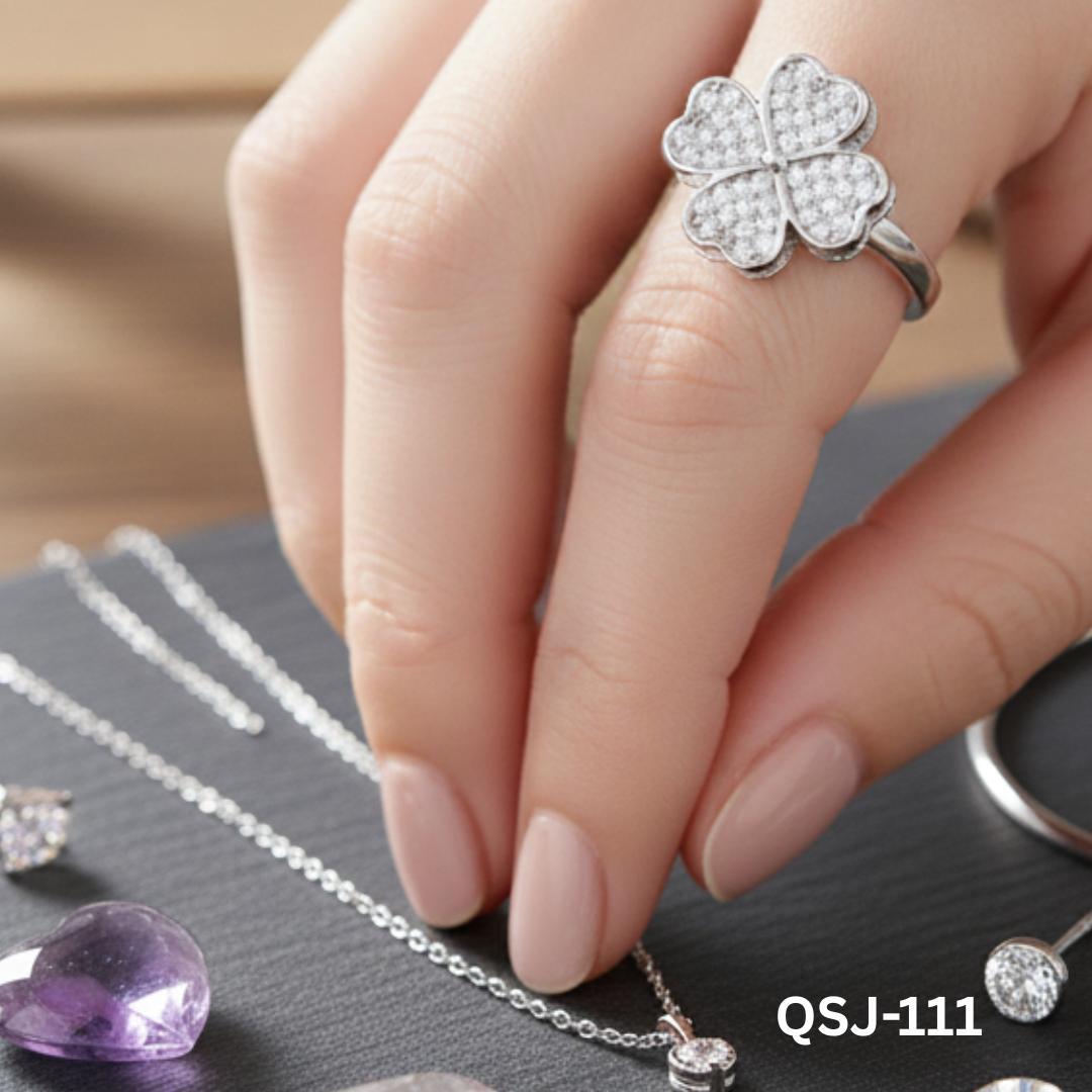 QSJ-111 Silver Clover Zircon Rotating Rings By BSM - BSM WHOLESALE