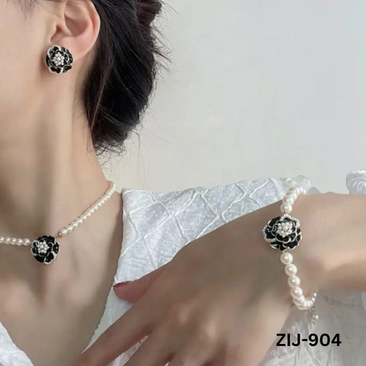 ZIJ-904 - Black Bead Rose - Jewellery Set - BSM WHOLESALE