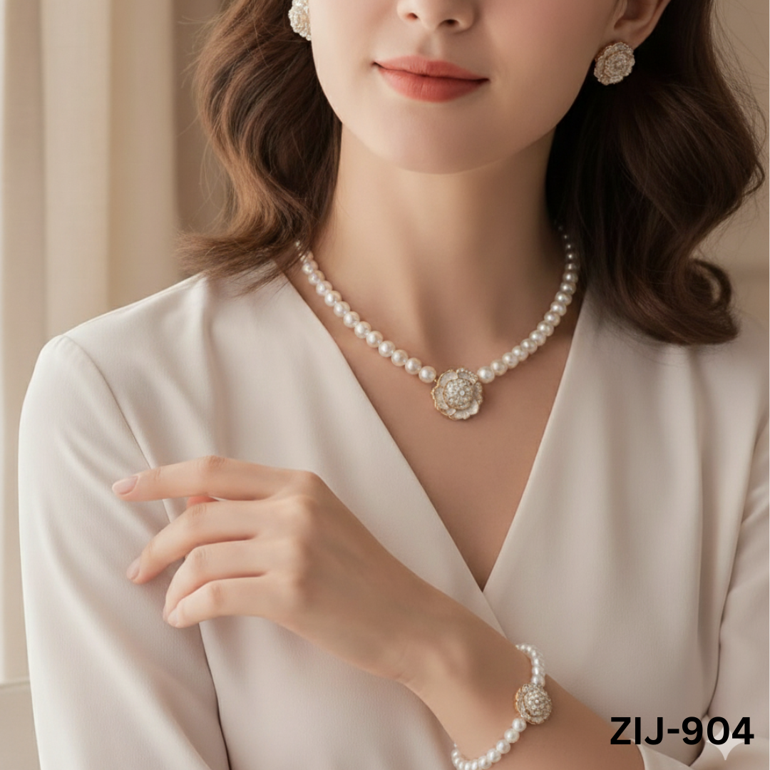 ZIJ-904 - White Bead Rose - Jewellery Set - BSM WHOLESALE