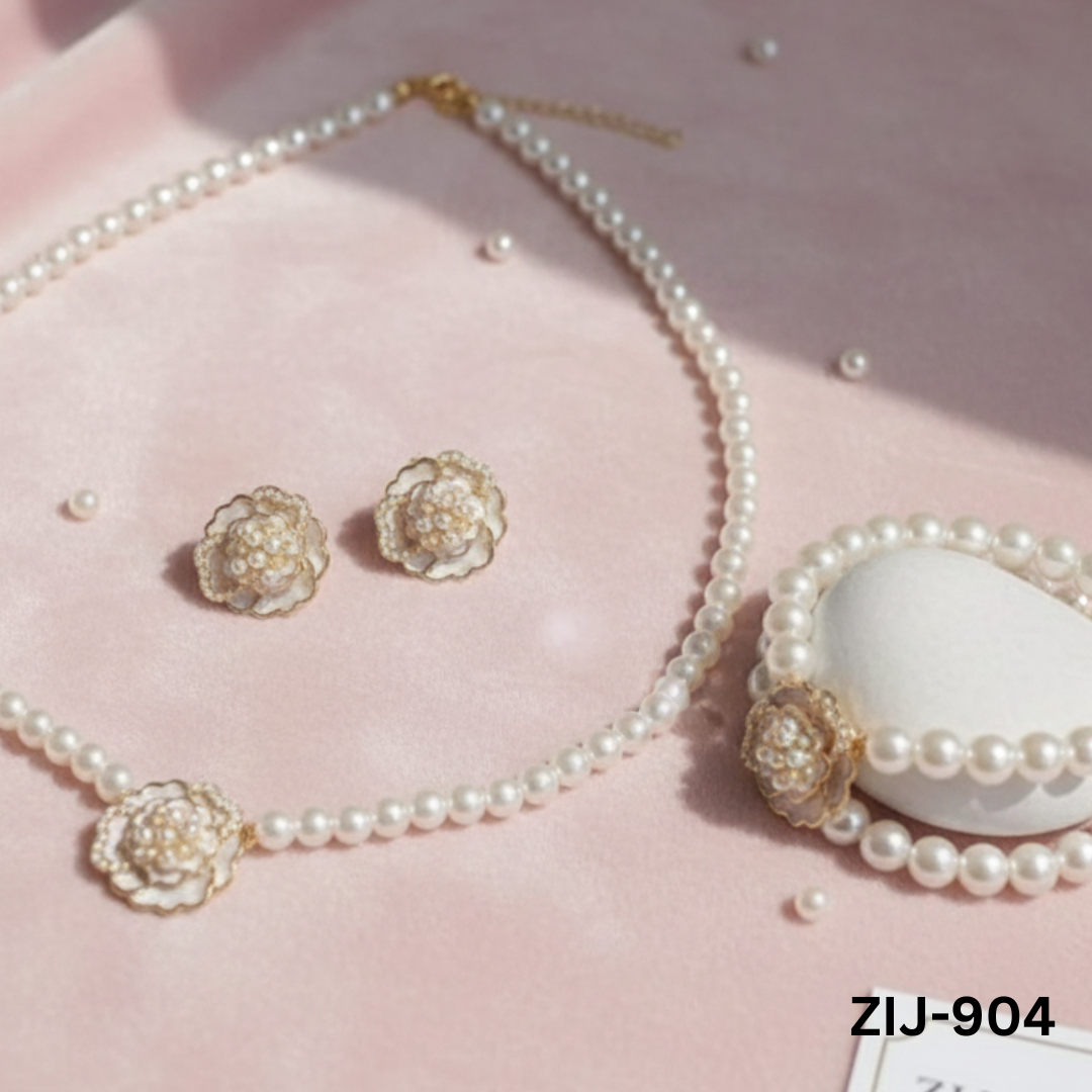 ZIJ-904 - White Bead Rose - Jewellery Set - BSM WHOLESALE