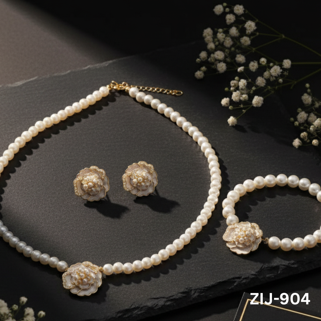 ZIJ-904 - White Bead Rose - Jewellery Set - BSM WHOLESALE