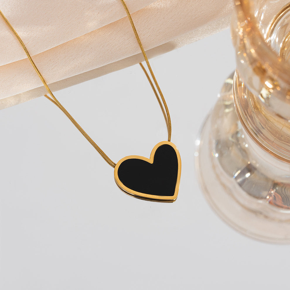 QJX-926 - Black Heart Necklace - Stainless Steel